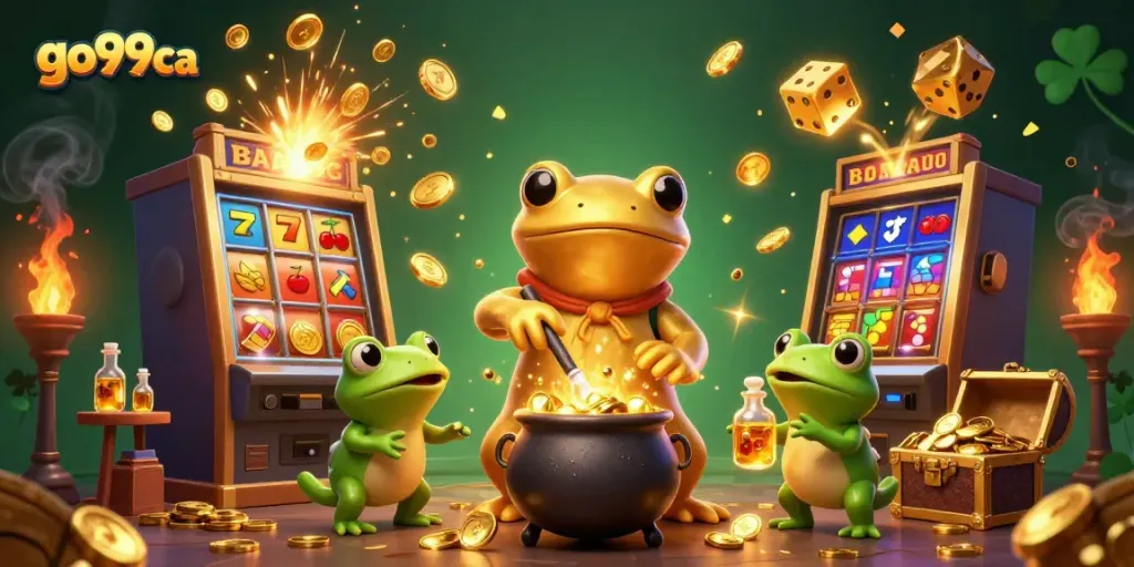 Win big with go99ca in this vibrant casino-themed digital illustration showcasing alchemical transformations and gaming excitement.