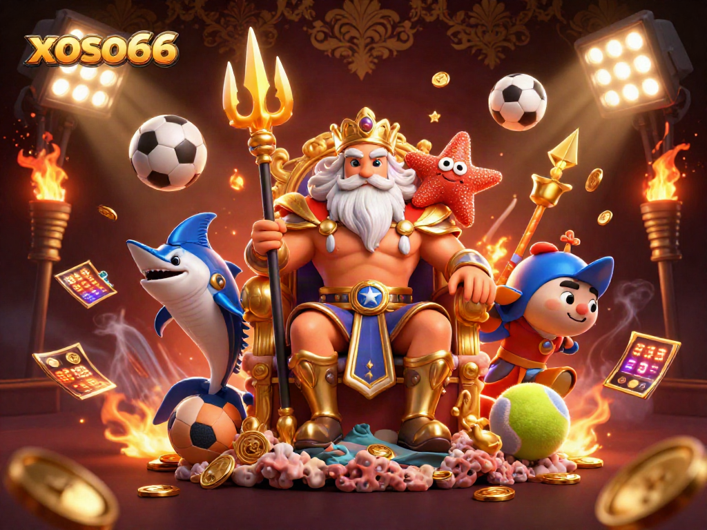 xoso66 enhances sports betting excitement with Neptune and a samurai in a vibrant casino scene