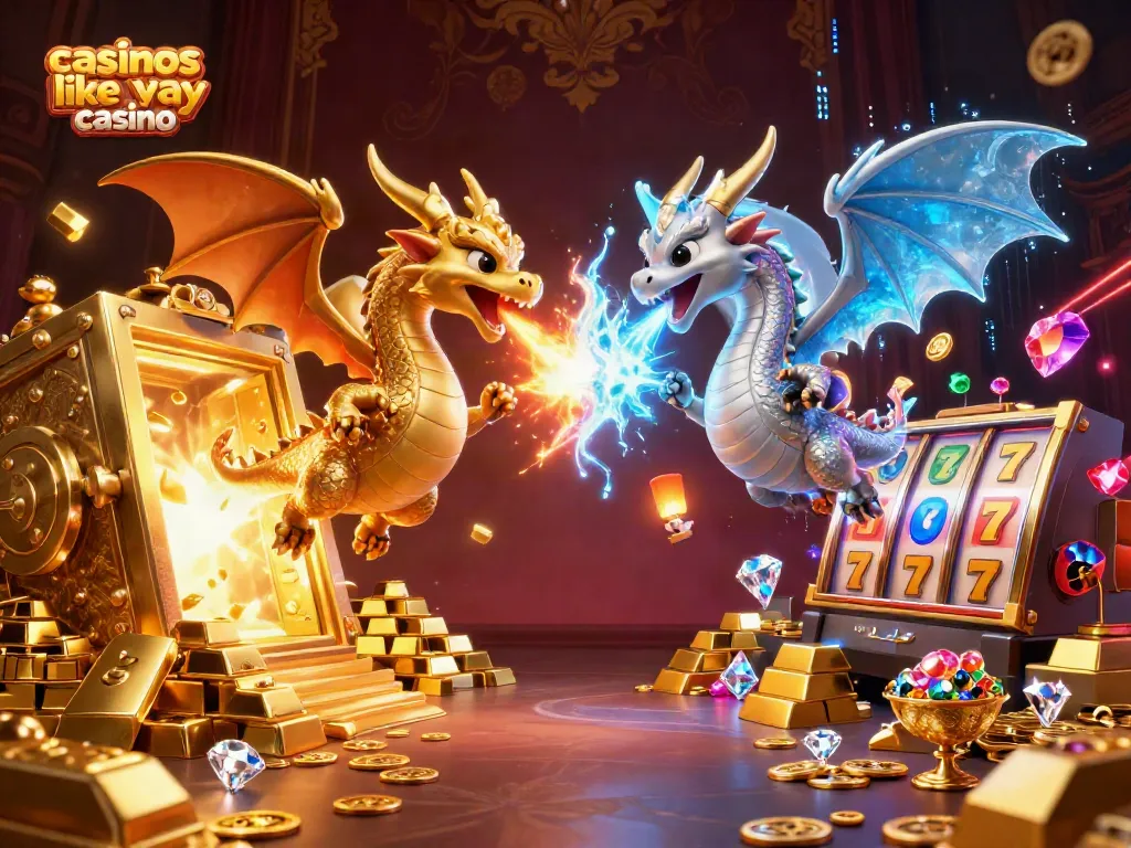 Capture exciting gameplay at casinos like yay casino with vibrant dragons and treasure elements.