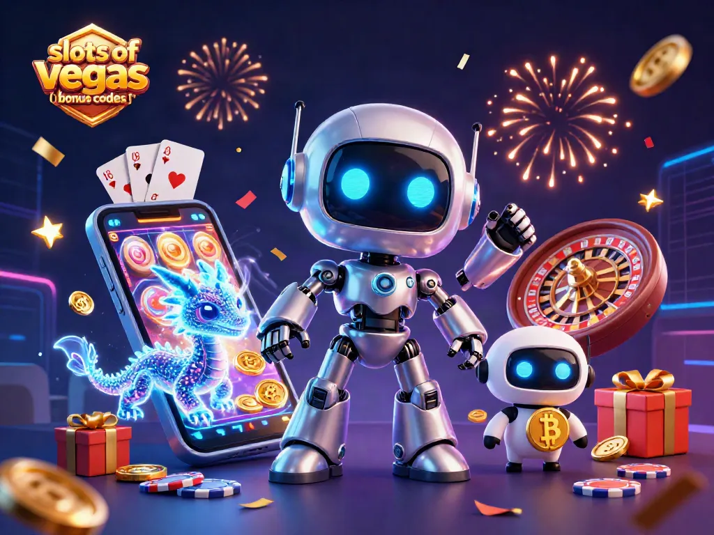 Exciting slots of vegas bonus codes illustration with 3D robot, dragon, and bitcoin elements.