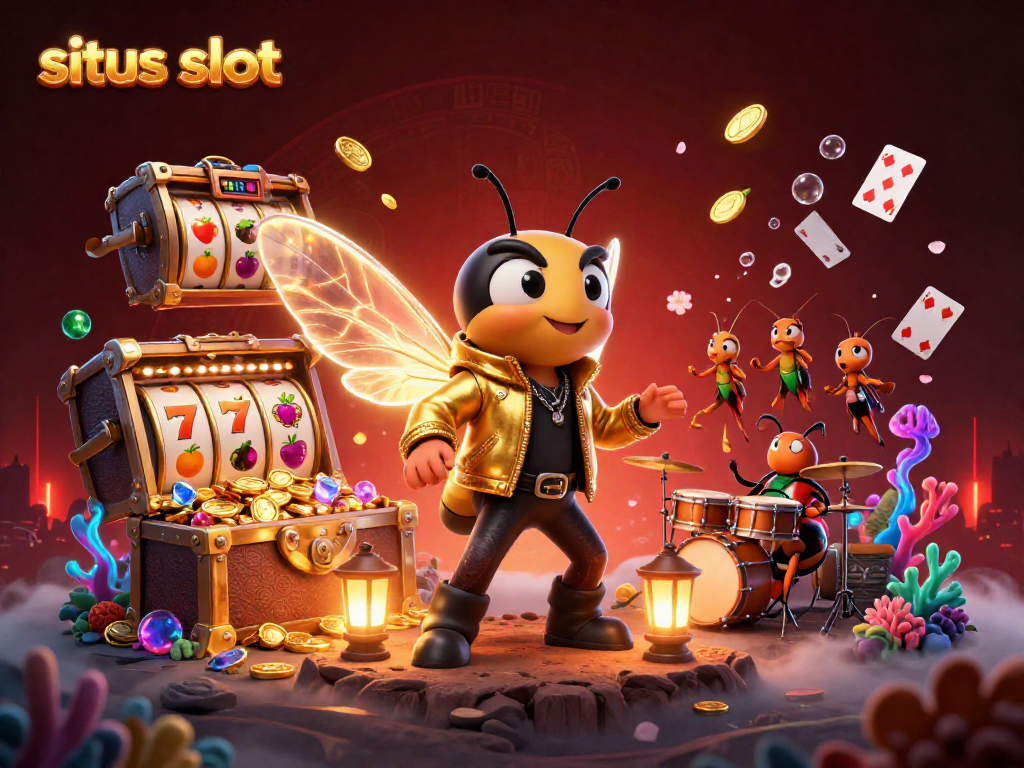 Ilustrasi 3D penuh warna tentang situs slot menampilkan simbol buah dan jackpot yang menggiurkan.