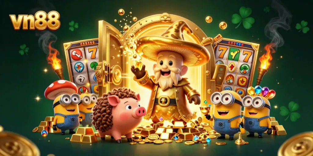 Spin the reels with vn88's magical casino experience featuring golden treasures and animated characters.