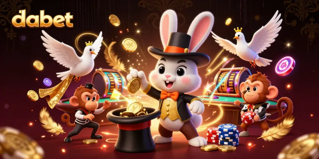 Dabet features a magical scene with a rabbit, dove, and monkey celebrating casino wins.