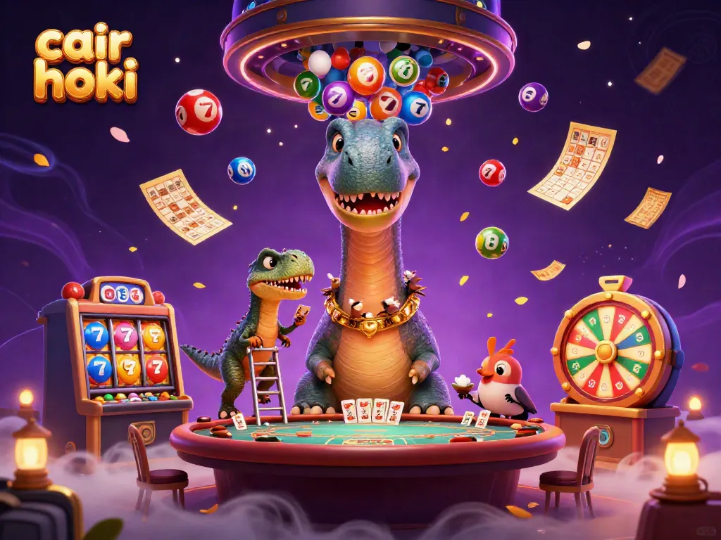 Ilustrasi kasino 3D menunjukkan cair hoki dengan dinosaurus kartun dan elemen permainan yang beragam.