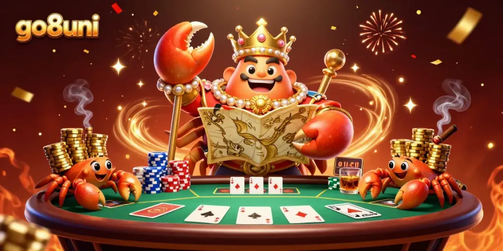 Engage in exciting gambling adventures with go8uni featuring a golden crab emperor and poker elements.