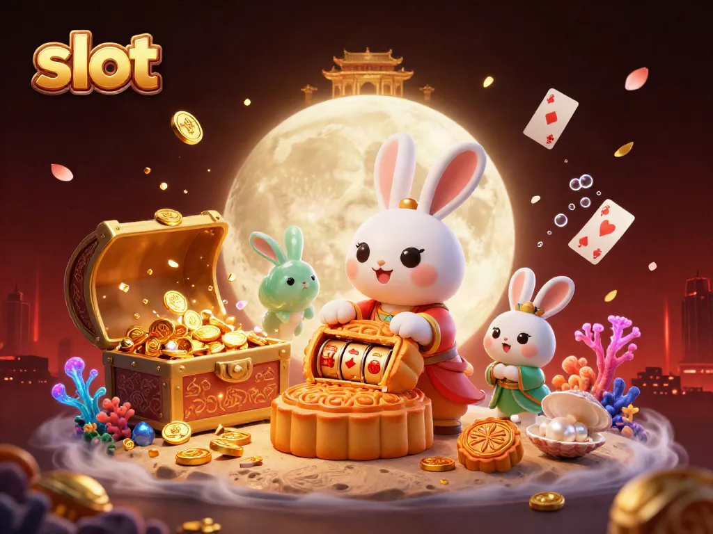 Experience the thrill of slot gaming with a charming illustration featuring a moon rabbit and slot symbols.