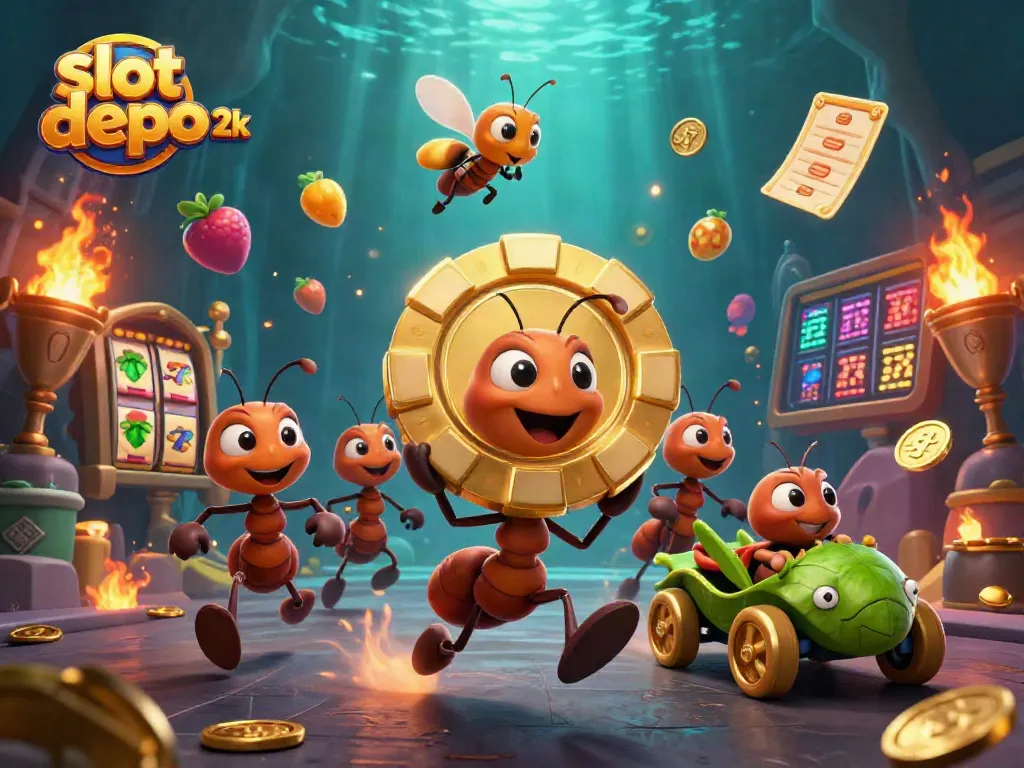 Ants in a slot depo 2k heist with a golden poker chip, lively casino scene packed with excitement.