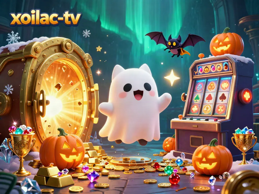 Experience the thrills of xoilac-tv with a dynamic scene featuring a ghost cat, slots, and festive imagery.