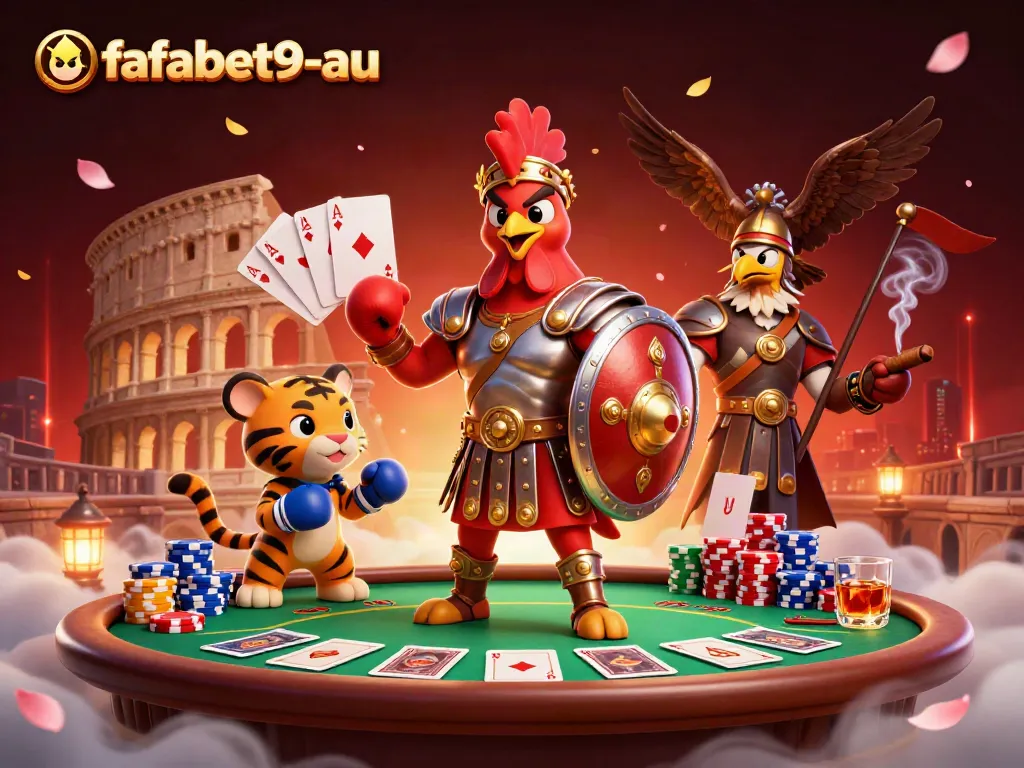 Experience the thrill of fafabet9-au with a gladiator rooster amidst poker elements, casino excitement, and dazzling details.