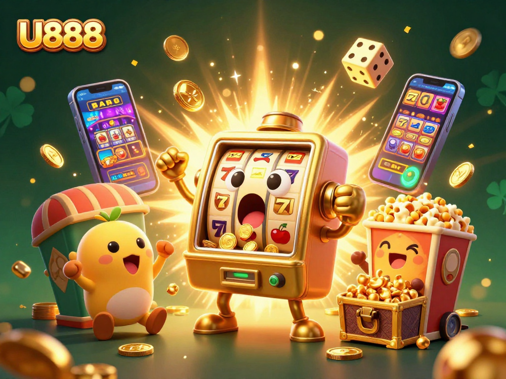 Experience a thrilling jackpot with U888's exciting slot machines, coins pouring as baby machines cheer!