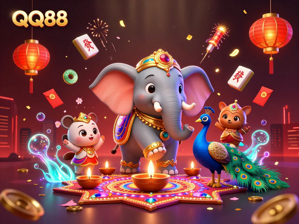 Boost your QQ88 gaming experience with a vibrant festival-themed casino illustration.
