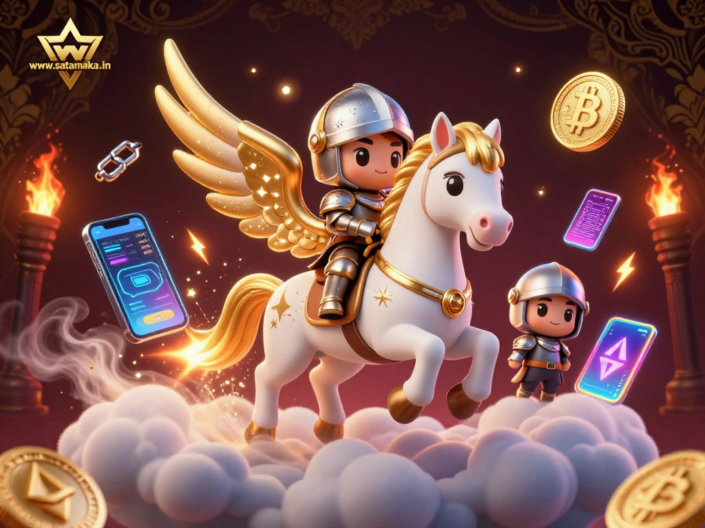 Engage with the world of betting on www satamataka in featuring a knight and celestial horse surrounded by cryptocurrencies.