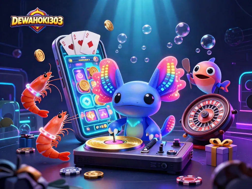 DEWAHOKI303 menghadirkan nuansa slot online dengan DJ axolotl berwarna neon dan elemen permainan yang berkilauan.
