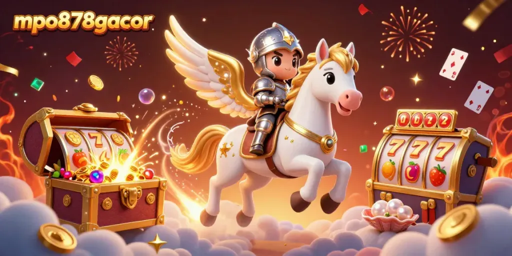 Ilustrasi mpo878gacor dengan kuda putih bercahaya dan elemen game slot, menggambarkan pengalaman bermain yang menarik.