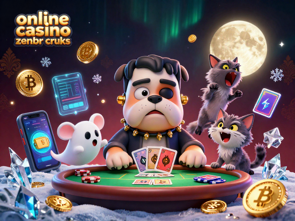 Casino online zonder cruks dengan bulldog Frankenstein yang sedang membagikan kartu di meja hijau yang menyeramkan.
