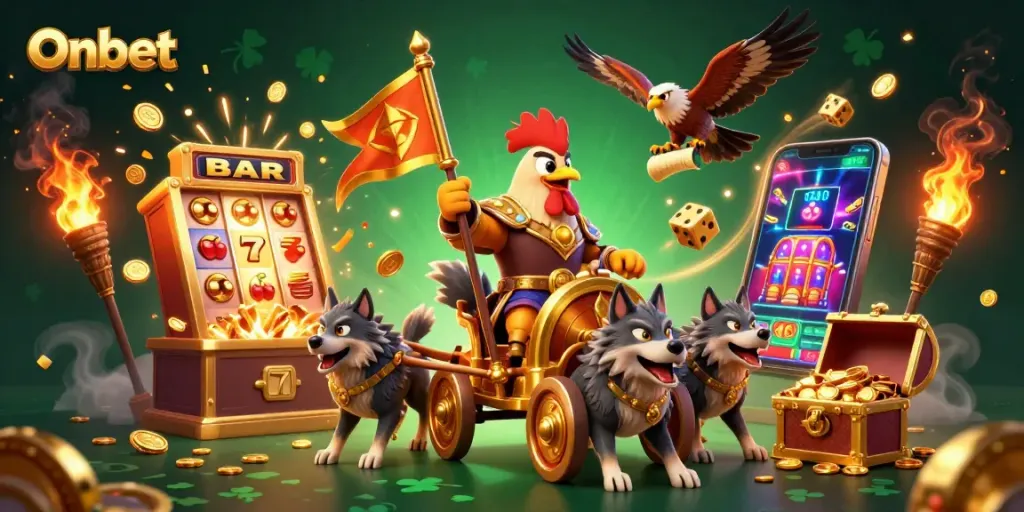 Experience Onbet's thrilling slot adventure with a golden warlord and intense casino elements.
