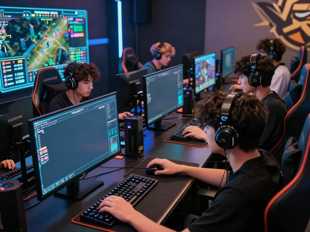 Intense gamers engaged in Luxury111 login experience with holographic stats.