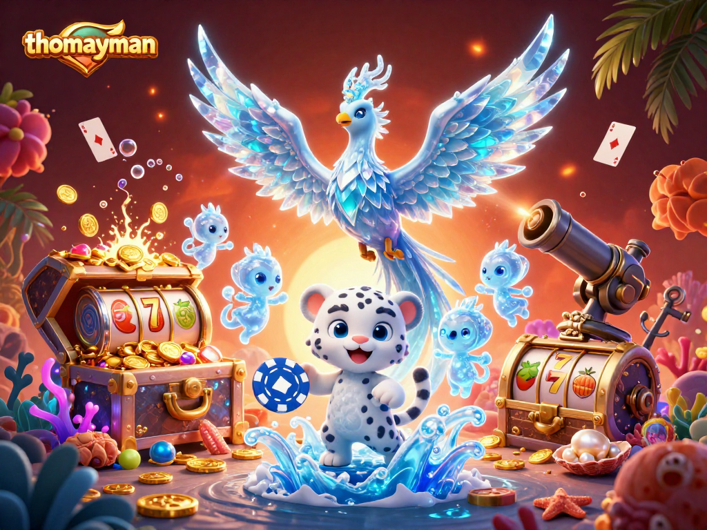 Engage with the thrilling world of thomayman, illustrated as a dynamic scene of an ice phoenix, snow leopard cub, and vibrant casino elements.