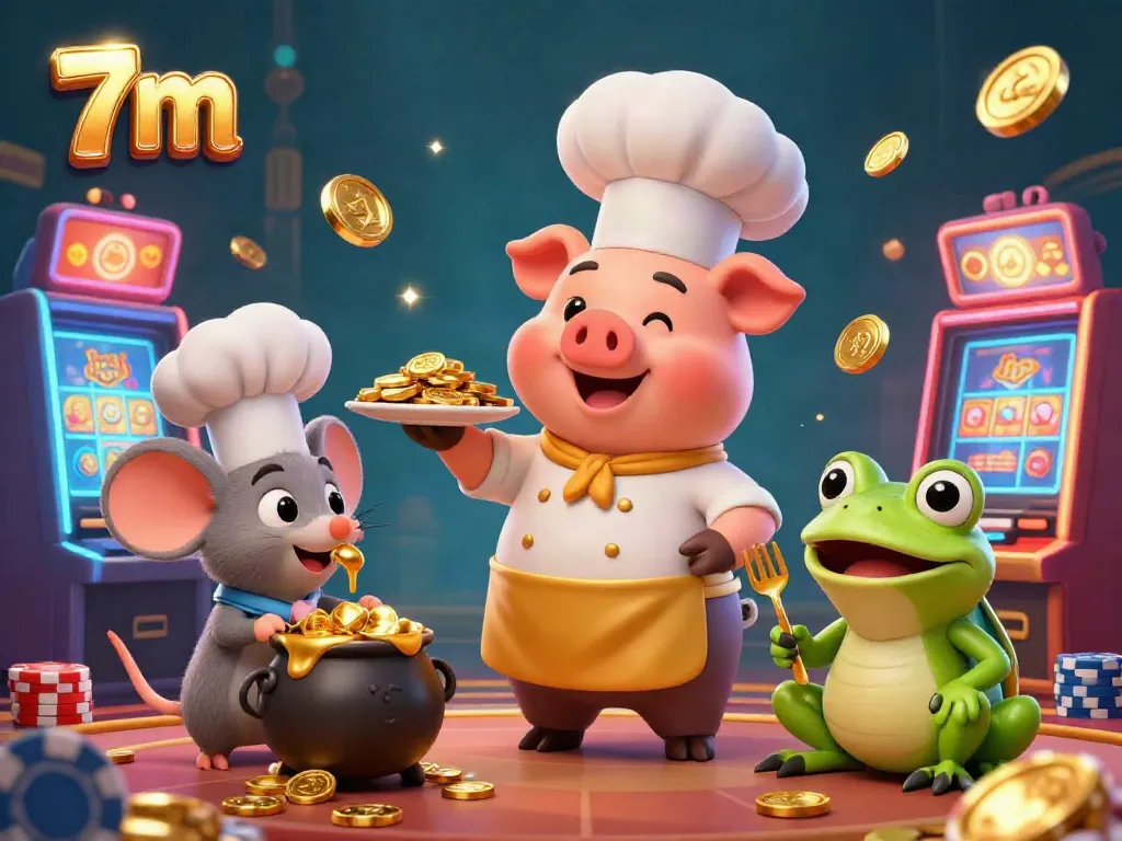 Experience thrilling gaming moments with 7m casino vibes, featuring a chef pig and friends amidst coins and slot machines.