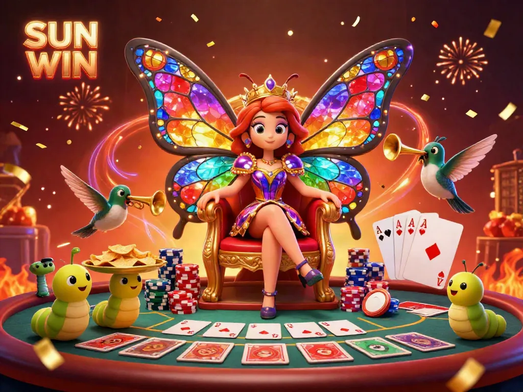 Experience vibrant gaming action in SUN WIN with a dazzling butterfly queen and glorious casino elements.
