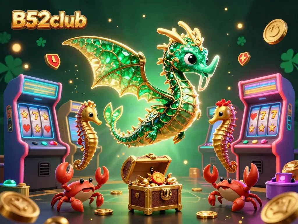 Experience excitement with the B52club dragon and treasure, amidst vibrant casino elements.
