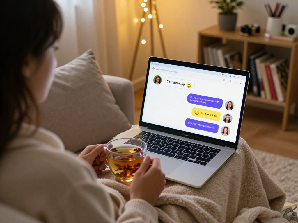 Engaging porn AI chat scene with virtual companion on laptop, cozy setting.