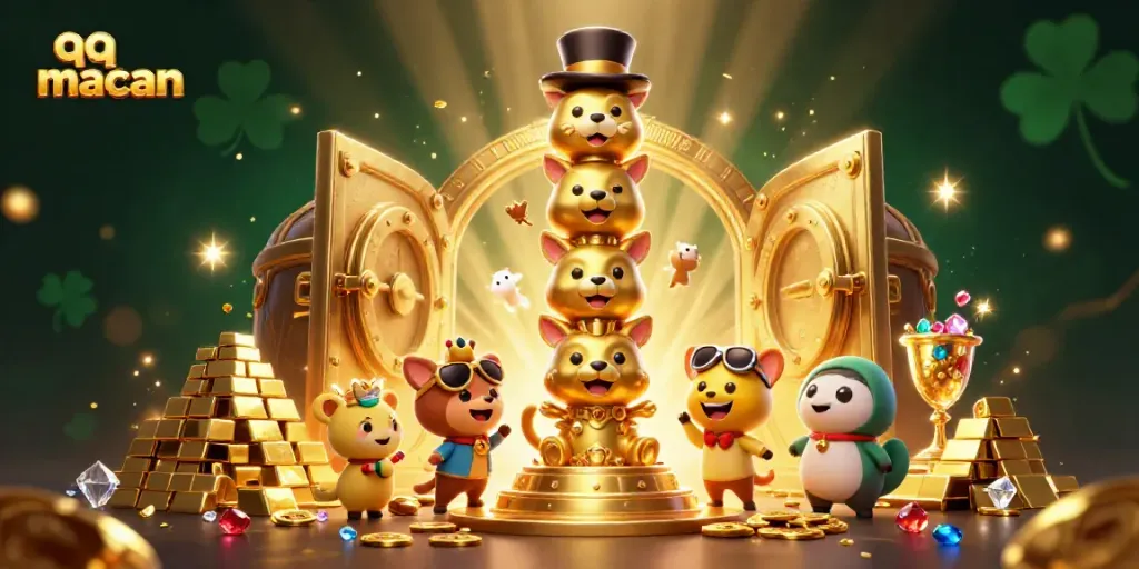 Experience thrilling wins with qq macan in this vibrant casino illustration featuring dynamic characters and wealth elements.