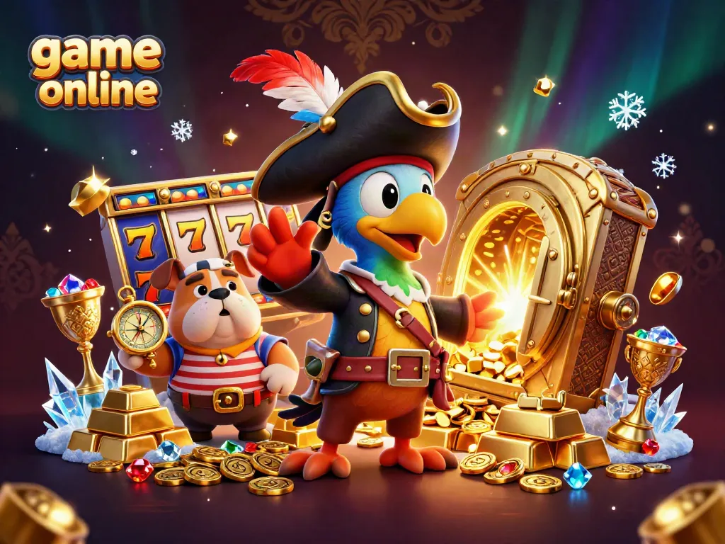 Experience the thrill of game online with a vibrant 3D pirate-themed casino illustration featuring treasure and slot reels.