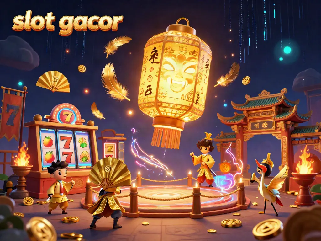 Experience the thrill of slot gacor with a vibrant night market casino scene featuring a giant lantern and warriors.