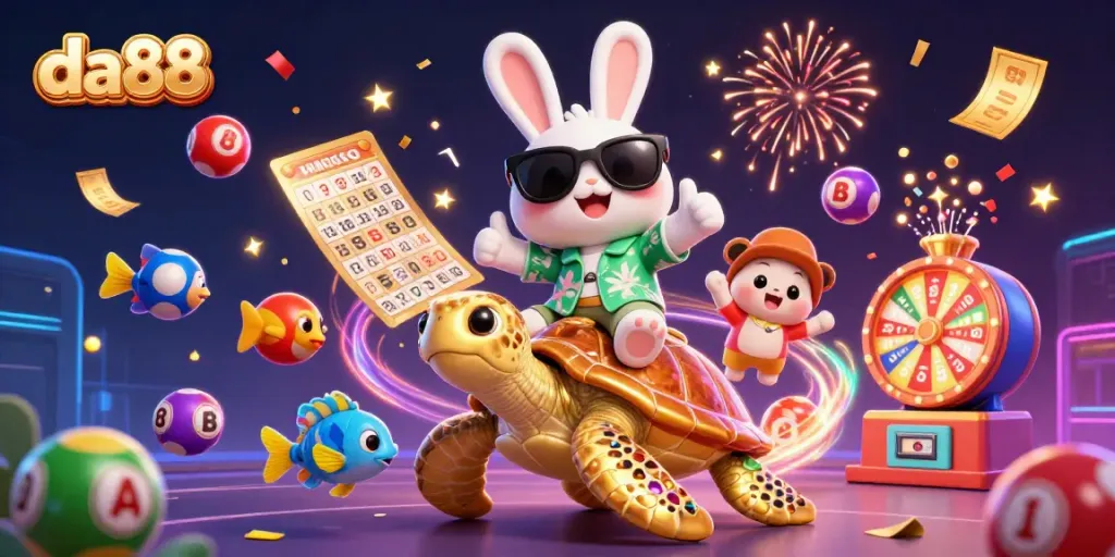 Engage with da88's fun-filled scene featuring a lucky rabbit, golden turtle, and exciting casino elements.