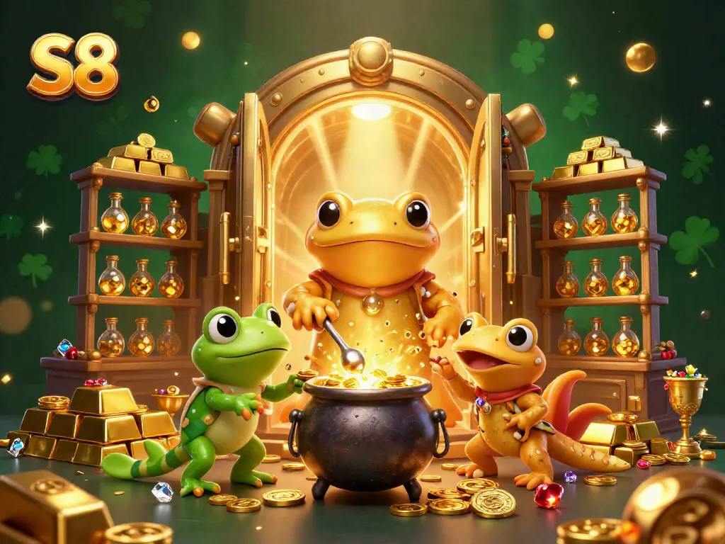 S8 casino scene featuring alchemists and golden treasures; perfect for gaming enthusiasts.