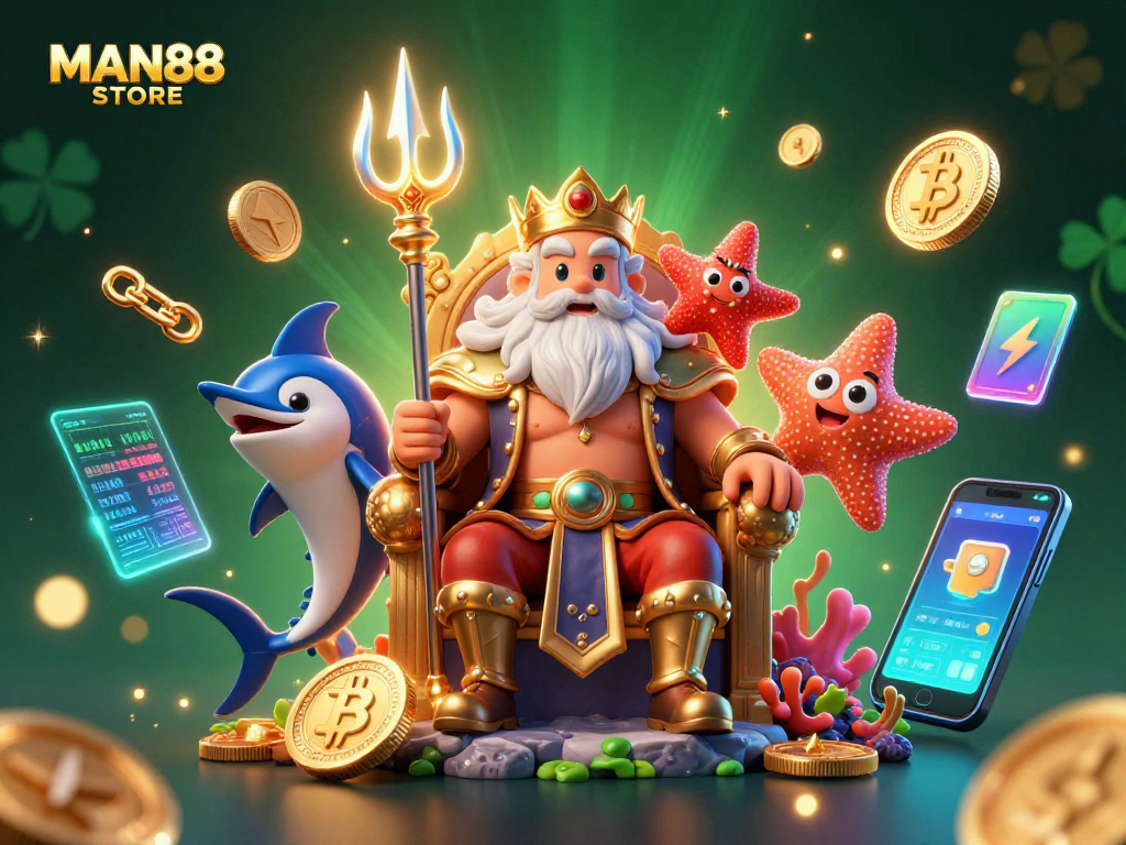 Experience the MAN88 STORE adventure with Neptune, crypto coins, and vibrant casino themes.