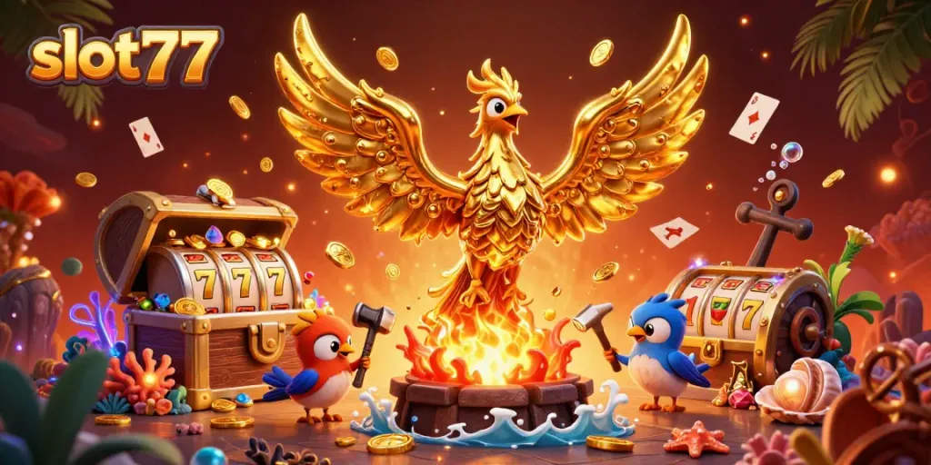 Menangkan permainan slot77 dengan gambar ilustrasi phoenix dan harta karun yang memukau.