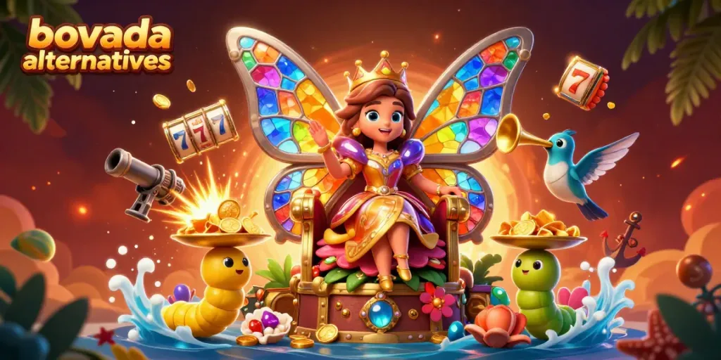 Experience Bovada alternatives with vibrant casino action, slot reels, and colorful characters.