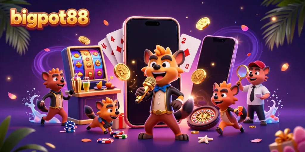 Experience bigpot88 with hyenas in a lively casino scene, showcasing games and comedy.