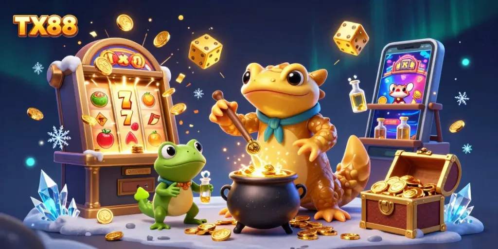 Experience the excitement of TX88's online casino with vibrant animations of golden coins and dynamic gaming elements.