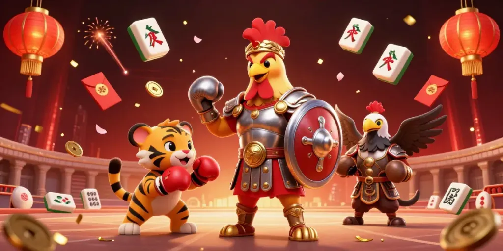 Engaging Hitclub illustration showcasing a rooster gladiator and vibrant gambling elements.