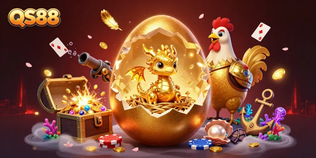Experience excitement at QS88 with a golden dragon guarding poker chips in an immersive casino setting.