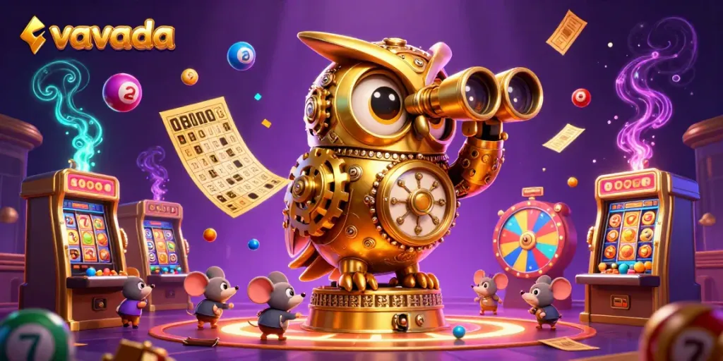 Engage in the vibrant world of Vavada, featuring a golden owl and delightful mouse patrons among colorful casino elements.