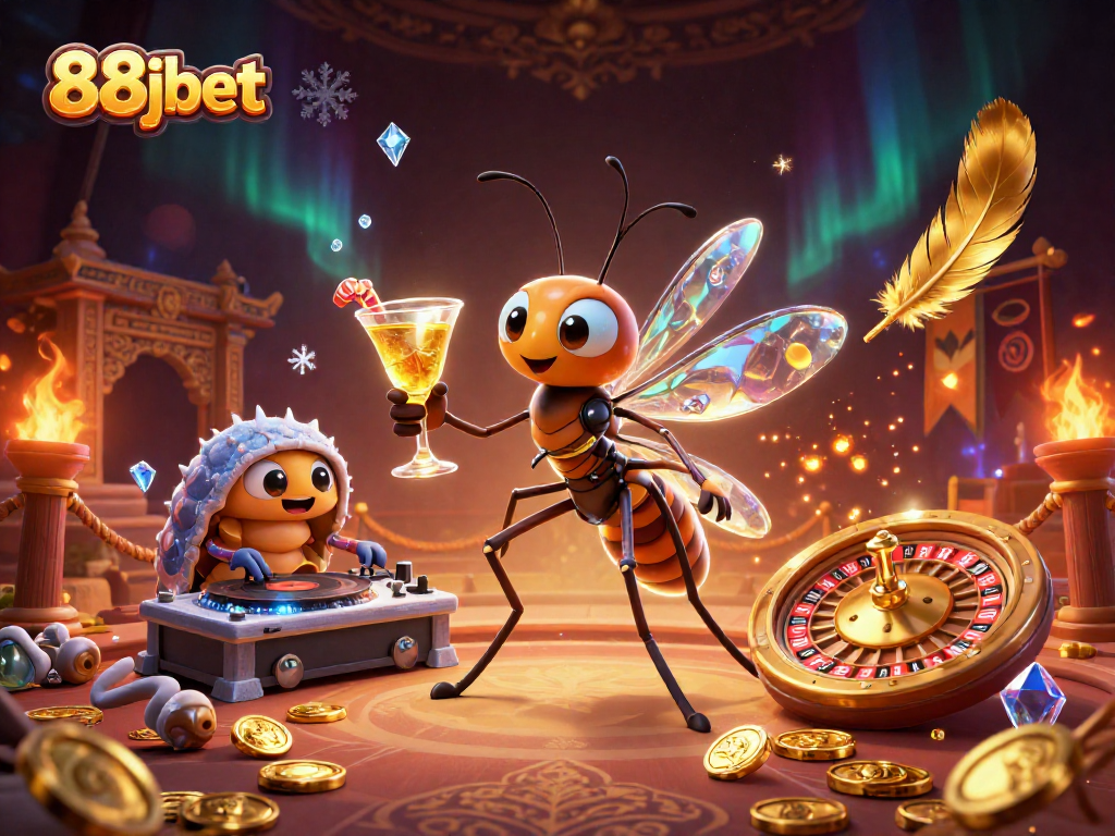 Experience thrilling gameplay with 88jbet, featuring lively casino mascots and a themed roulette wheel.