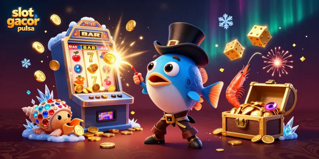 Engage in thrilling gameplay with slot gacor pulsa, featuring a vibrant 3D illustration of gambling action in a fun oceanic theme.