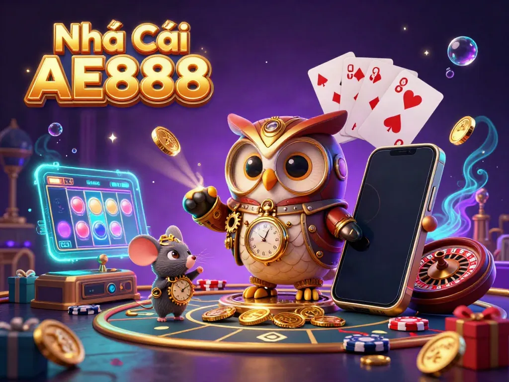 Experience the thrill of Nhà Cái AE888 with a dynamic casino scene featuring an owl and gaming elements.