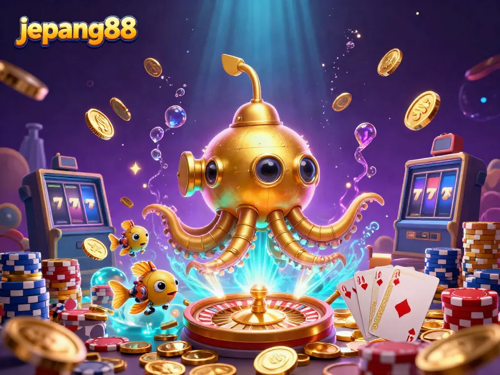 Experience the excitement of slots with Jepang88's vibrant gaming illustration and golden treasures.
