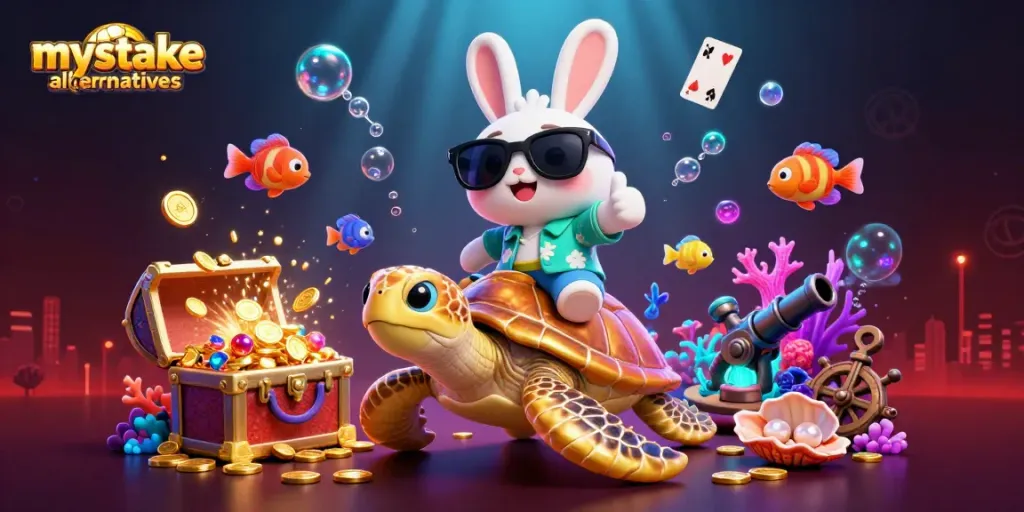 Engage with mystake alternatives in this vibrant underwater casino scene featuring a lucky rabbit.