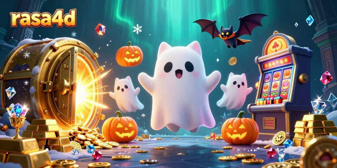 Gambarkan suasana permainan yang kaya dengan rasa4d dan lampu yang bersinar di sekitar kucing hantu dan kelelawar.