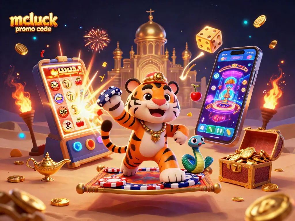 Mcluck promo code unlocks exciting casino fun, featuring a vibrant 3D illustration of an Arabian-themed casino scene.