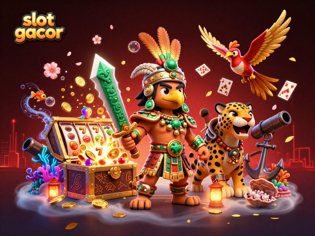 Menangkan slot gacor dengan kombinasi karakter pejuang Aztec di latar kasino modern.