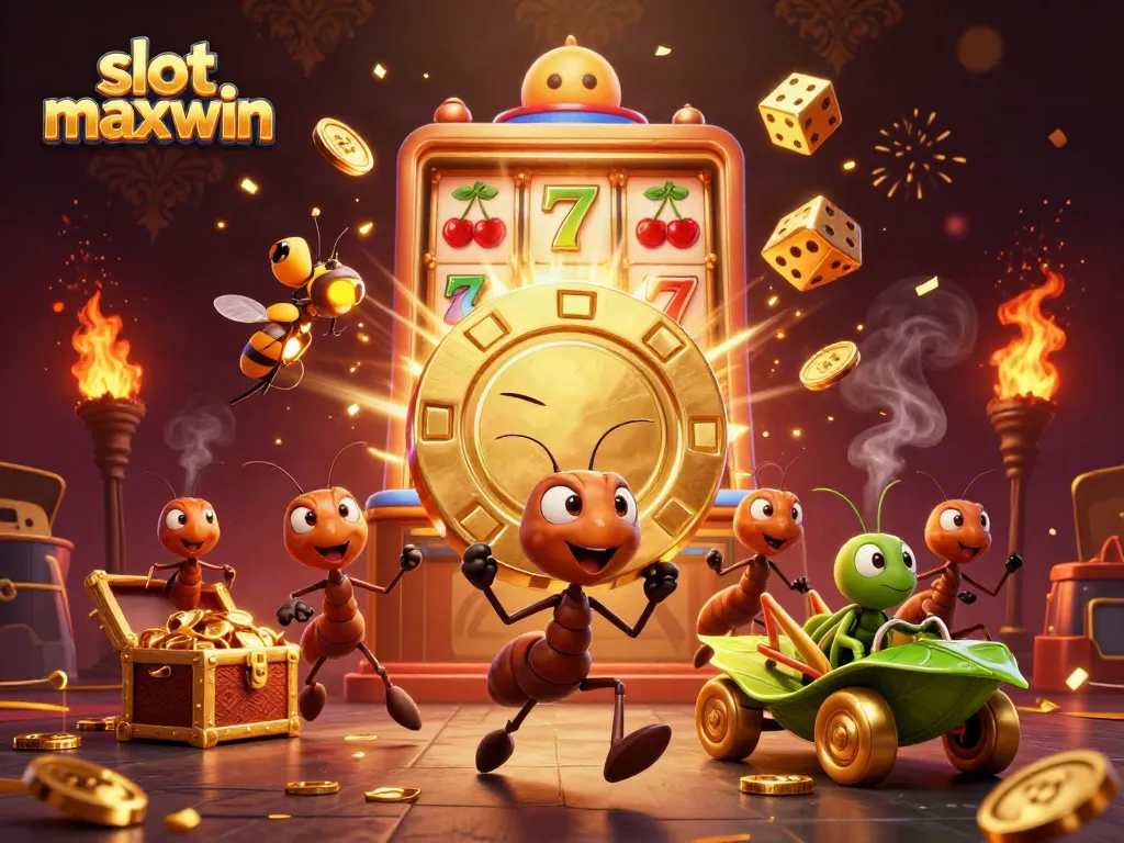 Experience the excitement of slot maxwin with cartoon ants on a jackpot heist amid dazzling casino elements.