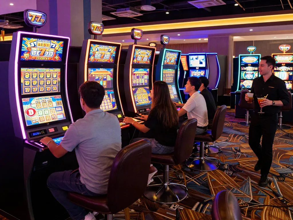 Exciting Lucky777 casino scene with friends enjoying slot machines and colorful lights.