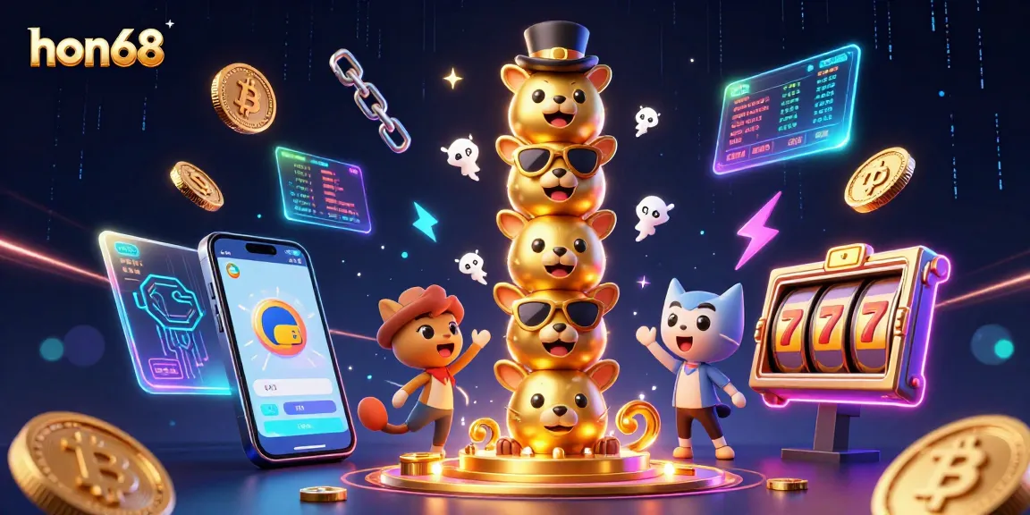 Win big with hon68 at the vibrant 3D casino-themed illustration featuring dynamic cryptocurrency elements.